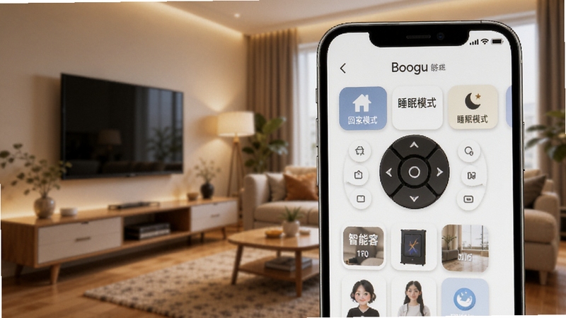 一张展示万能遥控器一键家居应用内智能场景设置界面的图片,画面主体为手机屏幕特写,屏幕上显示“回家模式”“睡眠模式”等按钮,背景为模糊的现代家居客厅,色调温暖,突出智能控制感,适配Boogu模型生成