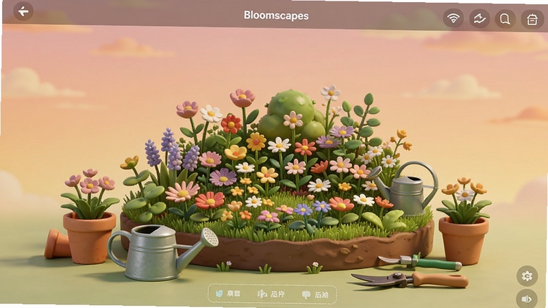 BloomscapesӦ��������ȫò����������Ϊһ���ɸ�ɫ��������ֲ��ɵ����廨԰���ۣ���������͵�ůɫ������գ�ǰ��ɢ���Ż��衢ˮ�����޼����ߣ���������������������Booguģ������