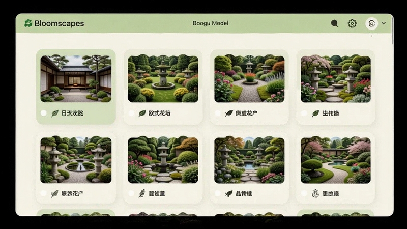 Bloomscapes����ģ��ѡ����棬����չʾ�����ͬ���Ļ�԰����ͼ��Ƭ����Ƭ�ϱ�ע��ʽͥԺ��ŷʽ��̳������������ɾ���ˬ����ǳ��ɫ���װ�ɫΪ��ɫ��������Booguģ������