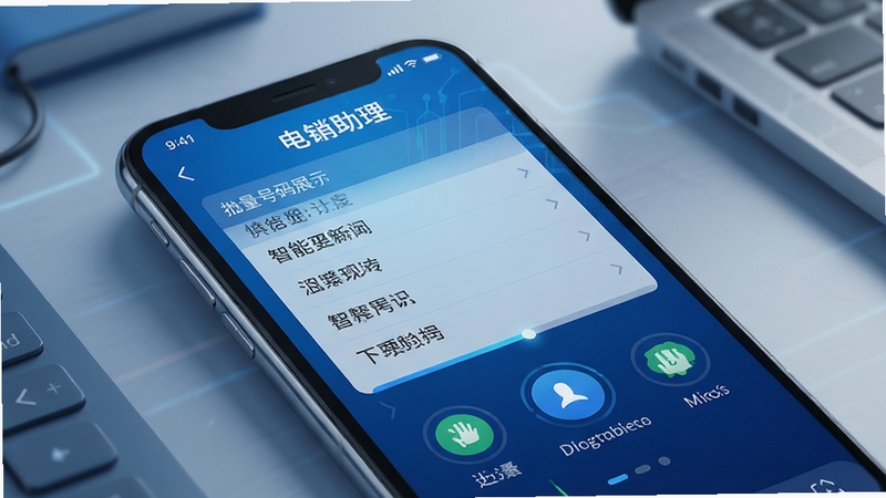 电销助理 自动拨号功能展示 手机界面批量号码列表 拨号进度条 智能标记状态 蓝色科技感 UI设计 高清细节