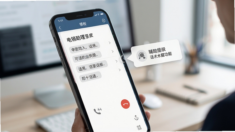 电销助理 话术提醒功能 手机屏幕显示话术模板 通话界面 辅助提示 简洁商务风 高清细节