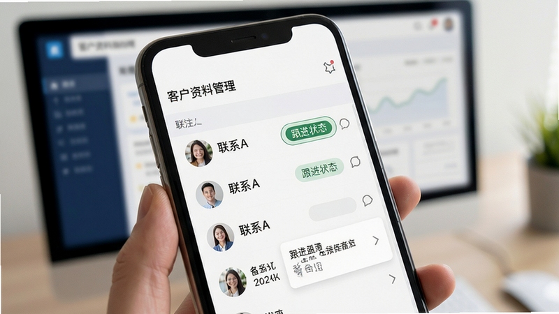 电销助理 客户资料管理界面 联系人列表 跟进状态标签 备注信息 手机屏幕展示 清新简洁风格