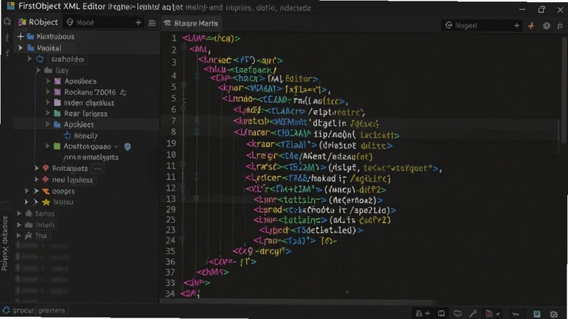 FirstObject XML Editor �﷨������ڵ��۵�����չʾͼ�������� XML �����Զ�ɫ���ֱ�ǩ�����ԣ�������νṹ���������۵�״̬������Ϊ��ɫ����༭�����棬ϸ�ھ��£����� Boogu ģ������