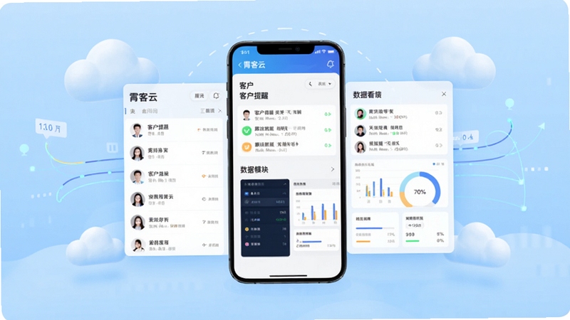 霄客云 软件主界面与功能模块全景展示图,画面中央为手机屏幕,屏幕内呈现客户列表、跟进提醒、数据看板三个核心区域,背景为浅蓝色渐变商务风格,周围点缀云朵与数据线条元素,整体色调清爽专业,适配Boogu模型生成