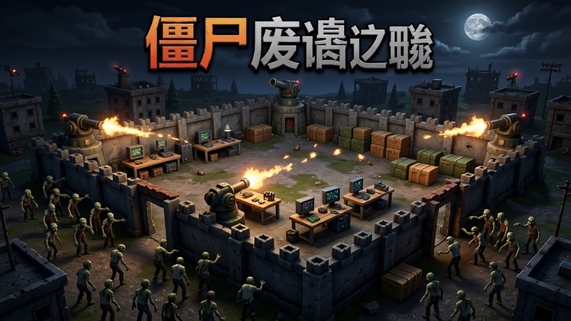 僵尸废土之城基地防御全景,玩家建造的围墙与炮塔环绕安全区,围墙外聚集大量僵尸正在进攻,炮塔射出火光,基地内工作台与储物箱整齐排列,夜空背景映衬紧张战斗,软件名称僵尸废土之城醒目展示
