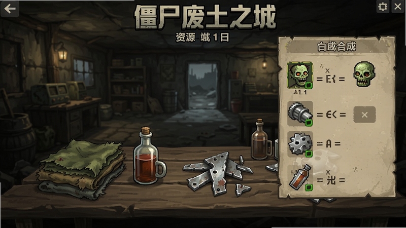 僵尸废土之城资源合成界面,工作台上摆放着布料、酒精、金属碎片等材料,合成公式以图标形式展示,背景为昏暗的基地内部环境,软件名称僵尸废土之城出现在界面顶部