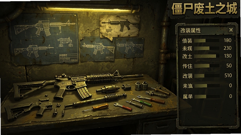 僵尸废土之城武器改装界面,工作台上摆放着拆解后的步枪零件与改装工具,背景墙面挂满各式武器图纸,画面右侧显示改装属性数值面板,整体色调偏暗黄工业风,软件名称僵尸废土之城作为界面标识