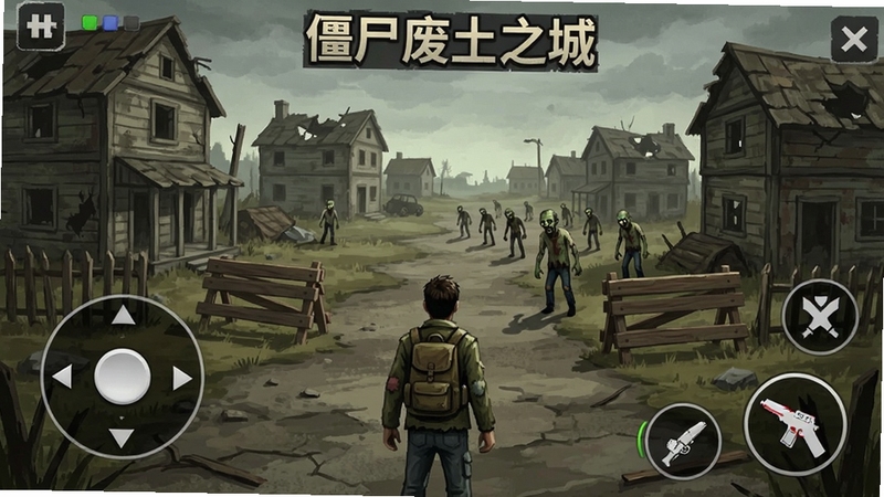 僵尸废土之城新手引导界面,主角站在废弃村庄路口,画面中标注移动摇杆与射击按钮位置,背景为破败房屋与路障,远处有僵尸缓慢靠近,软件名称僵尸废土之城显示在界面中央