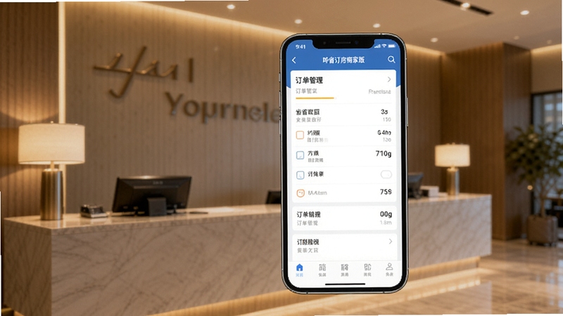 画面中央展示一部智能手机,屏幕上显示哗省订房商家版APP的订单管理界面,背景为现代简约风格的酒店前台环境,暖色调灯光,整体构图突出软件核心功能全貌