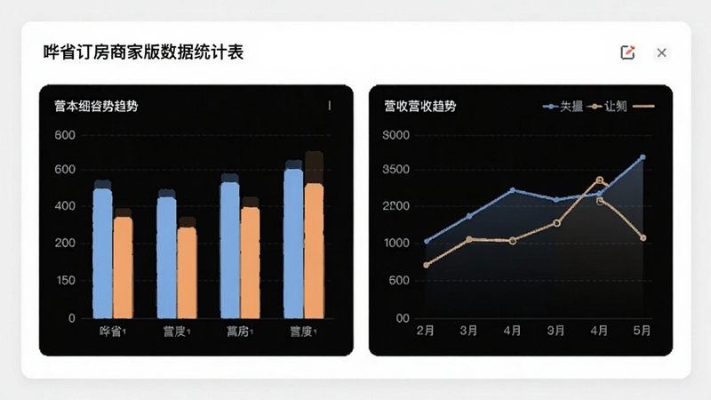 哗省订房商家版数据统计图表界面,柱状图与折线图展示营收趋势,背景为白色卡片式设计,配色清新柔和,突出数据可视化效果