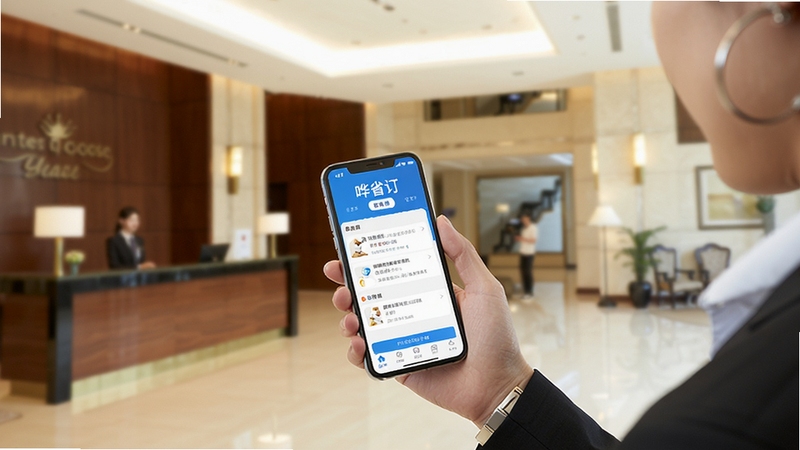 一位酒店管理人员手持手机使用哗省订房商家版APP,背景为酒店大堂,画面明亮清晰,突出移动办公场景,风格写实商务