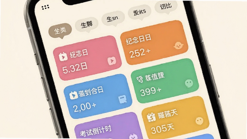 喵喵倒数事件管理界面,手机屏幕中显示多个彩色事件卡片,卡片上标注生日、纪念日、考试倒计时等文字和剩余天数,界面顶部有分类筛选标签,背景为淡雅米白色,整体布局清晰有序,适配Boogu模型生成