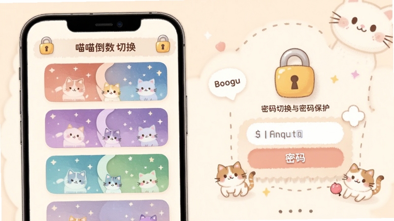 喵喵倒数主题切换与密码保护界面,手机屏幕显示多种颜色主题选项和密码输入框,界面风格温馨可爱,有锁形图标和猫咪装饰,适配Boogu模型生成
