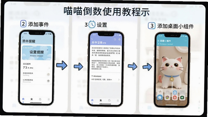 喵喵倒数使用教程示意图,手机屏幕分步骤展示添加事件、设置提醒、添加桌面小组件的操作流程,界面简洁明了,有箭头指引和文字标注,适配Boogu模型生成