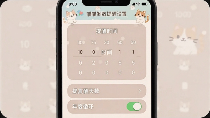 喵喵倒数提醒设置界面,手机屏幕显示提醒时间选择器和重复规则选项,包含提前提醒天数和年度循环开关,界面配色柔和,有猫咪图标点缀,适配Boogu模型生成