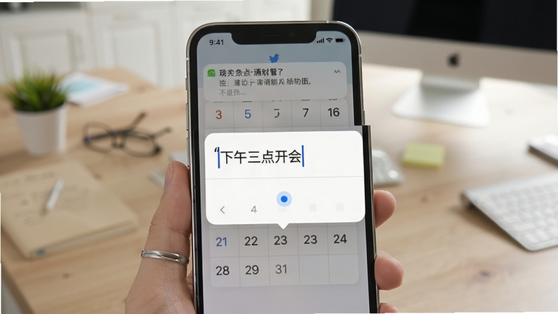 简单日历添加日程界面截图,弹出输入框内写着“下午三点开会”,日期下方出现蓝色小圆点,手机屏幕显示通知预览,整体界面清爽,背景为办公桌面