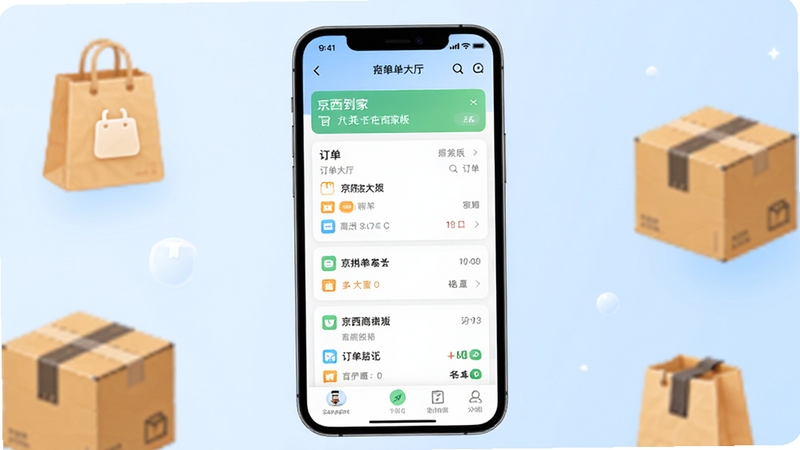 京西到家商家版 应用主界面展示图,画面中央为手机屏幕内显示商家接单大厅与订单列表,背景为浅蓝色渐变,四周点缀购物袋与配送箱图标,整体风格简洁明亮,适配Boogu模型生成