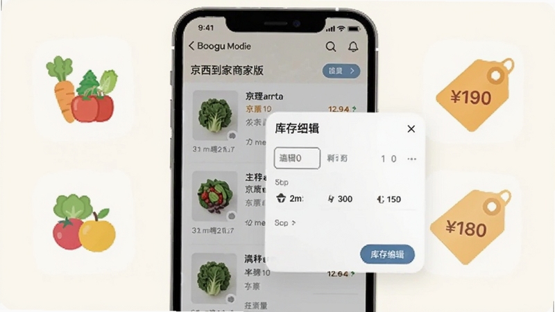 京西到家商家版 商品管理界面截图风格展示,画面主体为手机屏幕内商品列表与库存编辑弹窗,背景为暖白色调,左侧放置蔬菜水果图标,右侧放置价格标签,整体呈现高效管理氛围,适配Boogu模型生成