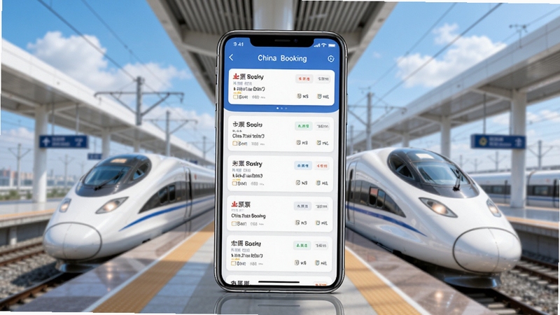 China Train Booking 应用主界面全貌展示,画面中央是手机屏幕,屏幕内显示火车票查询结果列表,背景为现代化的高铁站台与飞驰的白色动车组列车,蓝天白云,画面明亮清晰,写实风格,高清细节,适合软件下载站展示
