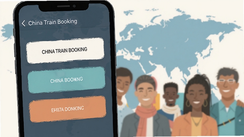 China Train Booking 多语言设置界面特写,手机屏幕显示三种语言选项按钮,背景为世界地图与不同国籍人物微笑的虚化剪影,突出国际化服务理念,扁平化插画风格,色彩柔和