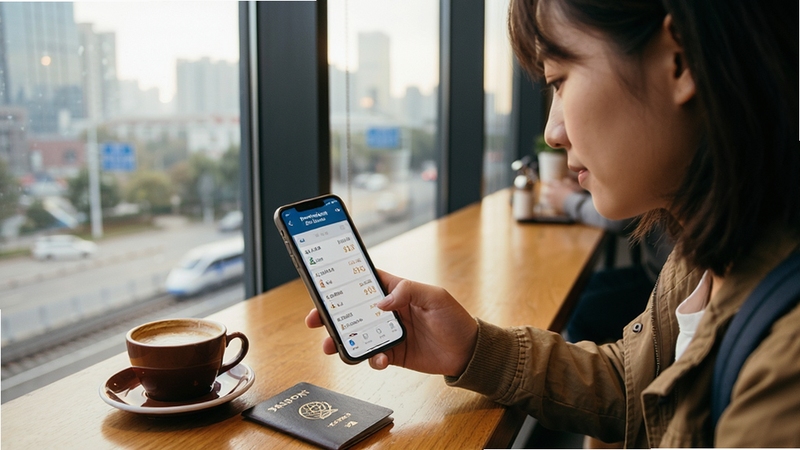 一位年轻旅客在咖啡厅使用手机上的 China Train Booking 软件查看火车票余票,手机屏幕清晰显示车次列表和座位余票数字,桌面有咖啡杯和护照,背景是落地窗外的城市景色,生活化场景,暖色调,写实摄影风格