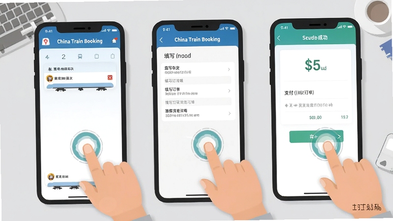 China Train Booking 在手机上的操作步骤示意图,画面展示从左到右三个手机屏幕,分别对应选择车次、填写订单、支付成功的界面,手指点击屏幕的动态效果,背景是简洁的浅灰色工作台,扁平化教学风格,清晰易懂