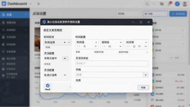 淘小白自动发货软件规则设置界面,画面主体为软件中自定义发货规则的参数配置窗口,背景为模糊的店铺后台数据,界面中包含时间选择器与文本框,体现灵活配置的便捷性