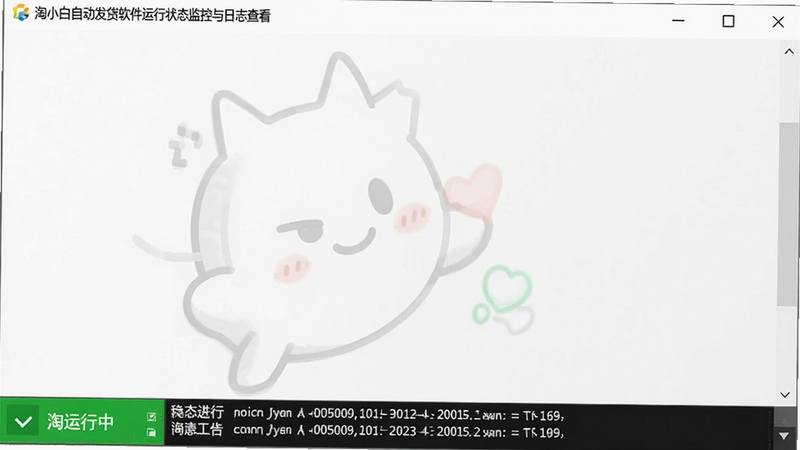 淘小白自动发货软件运行状态监控与日志查看界面,画面主体为软件底部状态栏显示绿色运行中标识与滚动日志信息,背景为简洁的白色软件窗口,体现软件稳定运行的安心感