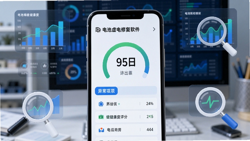 电池虚电修复软件的检测报告界面截图,画面中央是手机屏幕显示电池健康度评分和异常项列表,背景虚化处理,手机周围环绕着数据图表和放大镜图标,整体风格偏向数据分析与科技感,色调以白色和蓝色为主
