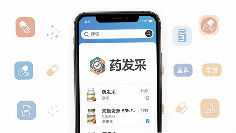 药发采手机端药品搜索页面展示,屏幕上显示搜索框和药品列表,页面中央突出展示药发采品牌标识,背景为白色简洁风格,点缀药品图标和分类标签,体现海量资源与便捷检索功能