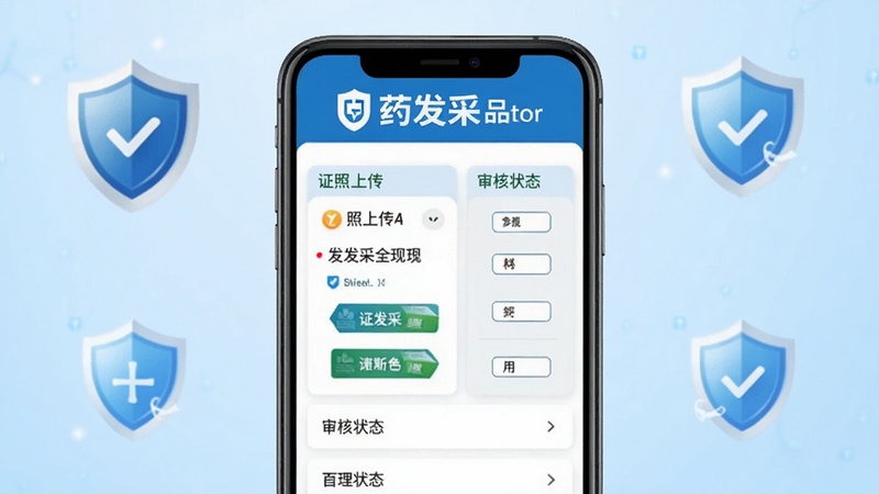 药发采资质管理界面展示,手机屏幕上显示证照上传和审核状态列表,页面顶部有药发采品牌字样,背景为浅蓝色医疗风格,点缀盾牌和安全图标,突出合规与安全保障