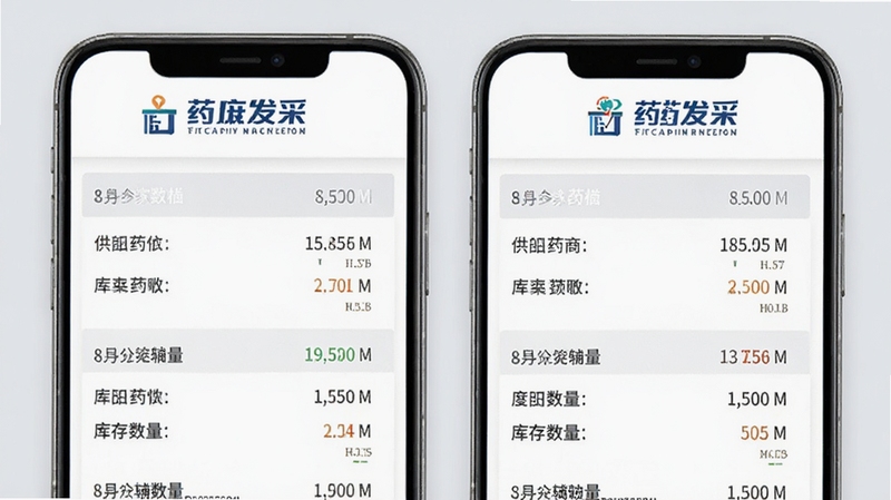 药发采价格比对界面展示,手机屏幕上并列显示多家供应商的药品报价和库存数量,页面顶部有药发采logo,背景为淡灰色商务风格,突出数据对比和决策辅助功能