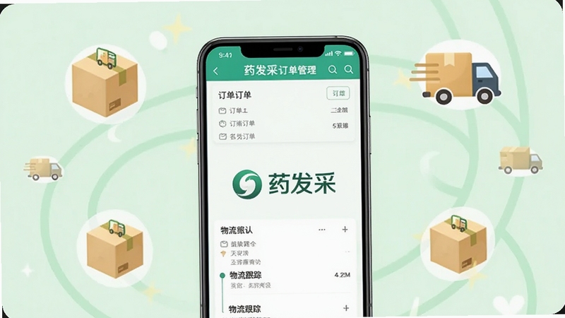 药发采订单管理页面展示,手机屏幕显示订单列表和物流跟踪信息,页面中央有药发采标识,背景为浅绿色清新风格,周围有包裹和物流图标,体现全流程订单跟踪功能