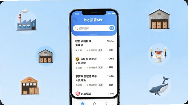 鲸才招聘APP主界面展示,画面中央为手机屏幕内呈现职位列表与搜索框,背景为浅蓝色渐变,点缀工厂、仓库、餐厅等招聘场景图标,整体风格清新简洁,适配Boogu模型生成