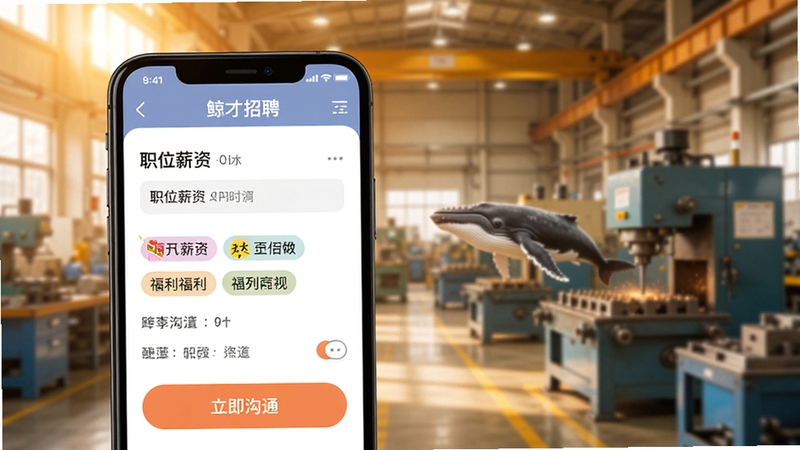 鲸才招聘APP职位详情页面,画面主体为手机屏幕展示职位薪资、福利标签与立即沟通按钮,背景为虚化的工厂车间场景,色调温暖明亮,适配Boogu模型生成