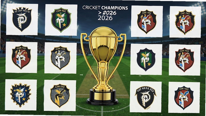 Cricket Champions Cup 2026 游戏主界面,展示多支国家队队徽排列在绿色球场背景上,中央有金色冠军奖杯,手机竖屏游戏UI风格,明亮运动色调,细节清晰