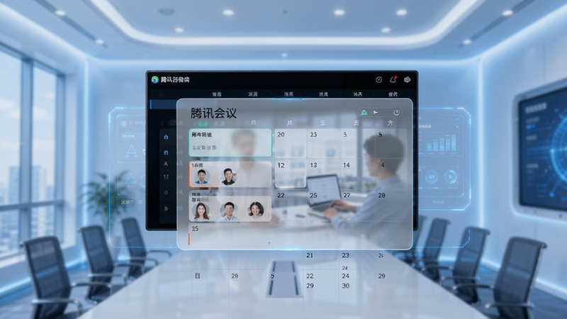 腾讯会议Rooms大屏日历界面展示,画面中央悬浮半透明会议日程卡片,背景为现代会议室环境,柔和蓝白色调,科技感十足
