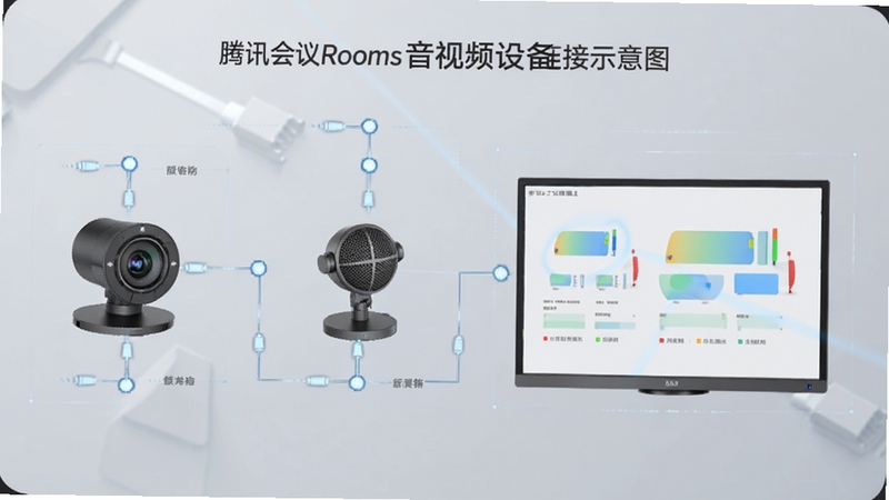 腾讯会议Rooms音视频设备连接示意图,画面展示摄像头、麦克风与大屏的连接拓扑,背景为淡灰色技术风格