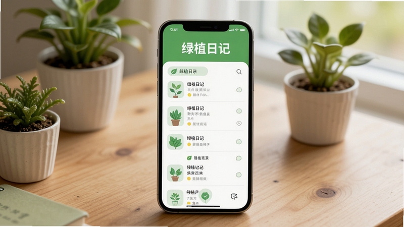 绿植日记软件主界面全貌展示,画面中央为手机屏幕呈现清新绿色调的植物记录列表,屏幕上方有绿植日记文字标识,背景区域为木质桌面与几盆小型绿植,柔和自然光,扁平化UI风格,高清细节,适配Boogu模型生成