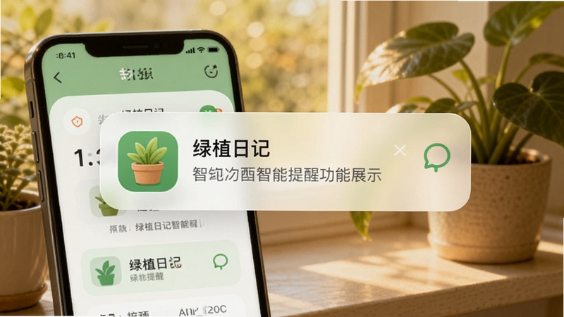 绿植日记智能提醒功能展示,手机弹出浇水提醒通知,界面中有绿植日记图标和文字,背景为室内窗台与绿植,暖色调光线,拟物化通知卡片,细节丰富,适配Boogu模型生成