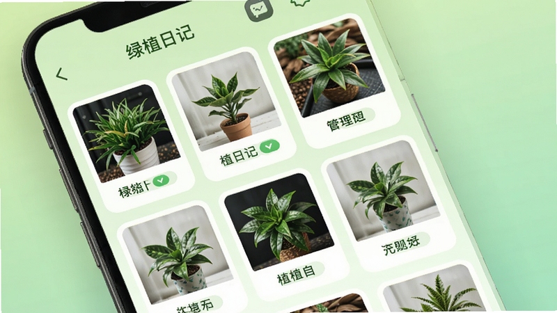 绿植日记植物档案管理界面,手机屏幕显示多个植物卡片,每个卡片带有植物照片和名称标签,背景为浅绿色渐变,画面中有绿植日记字样,清爽简洁的图标设计,高分辨率,适合Boogu模型生成