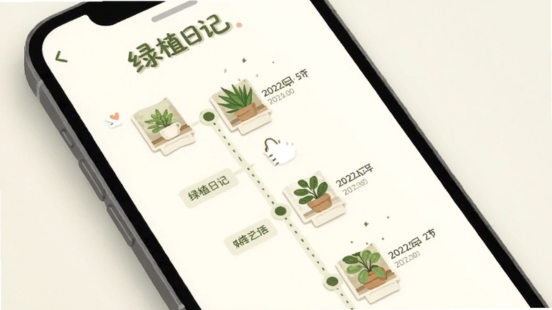 绿植日记生长时间轴界面,手机屏幕显示纵向时间线,节点带有小图片和日期文字,背景为淡米色,画面中有绿植日记文字,简约插画风格,柔和阴影,适合Boogu模型生成