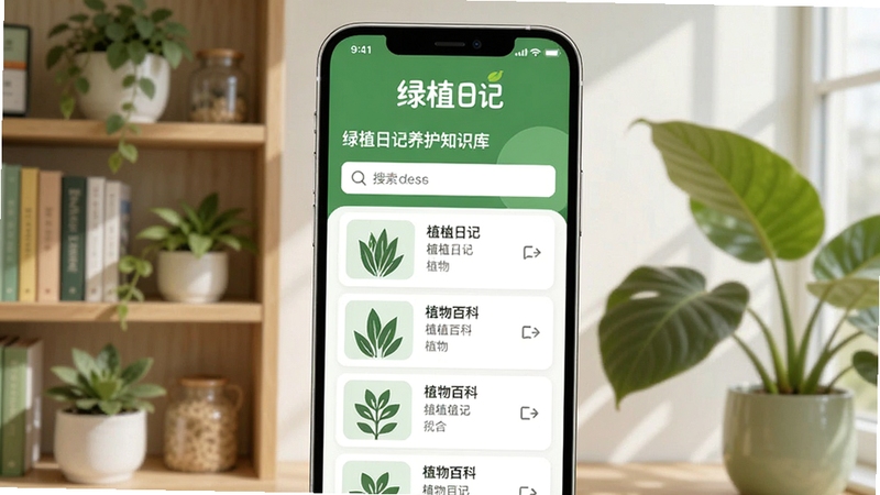 绿植日记养护知识库页面,手机屏幕显示植物百科列表和搜索框,背景为书架与绿植,画面中有绿植日记标识,扁平化设计,清新绿色主调,高清晰度,适配Boogu模型生成