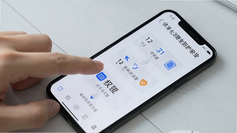 一部手机屏幕显示小安一体化主动隐形安全防护系统的使用指南页面,画面中有清晰的步骤指示箭头和权限设置图标,手机旁边有一只手正在点击屏幕,背景为浅灰色桌面,整体风格简洁明快,突出新手引导与操作教程
