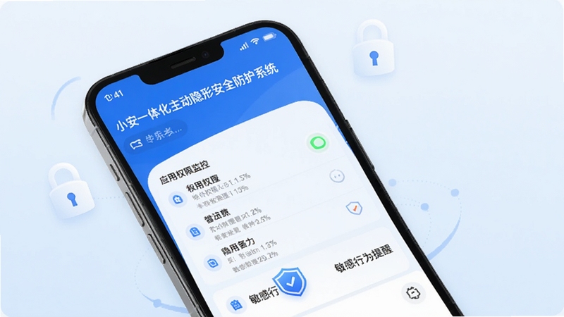 一部手机屏幕显示小安一体化主动隐形安全防护系统的隐私安全加固页面,页面以蓝色和白色为主,显示应用权限监控列表和敏感行为提醒图标,画面中有锁形图标和盾牌图标,背景为浅色渐变,整体风格清新简洁,突出隐私保护与安全加固功能