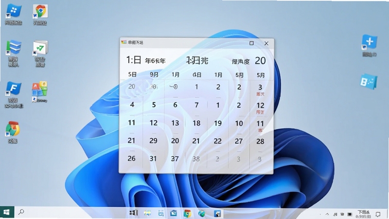 桌面日历秀软件主界面全貌展示,画面中央为半透明日历窗口悬浮在Windows桌面背景上,日历显示年月日与农历信息,周围环绕着简约的桌面图标,背景为淡蓝色渐变壁纸,整体风格清新商务,适合软件下载站展示图,画面比例16:9,高清细节
