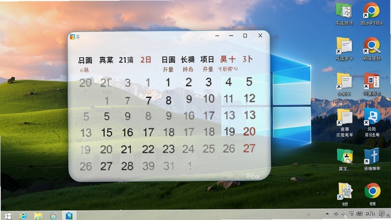 桌面日历秀透明日历窗口嵌入Windows桌面壁纸中,日历半透明显示日期与农历,背景为风景壁纸,窗口边缘柔和无边框,桌面图标整齐排列在右侧,画面明亮清晰,展现软件与桌面融合效果