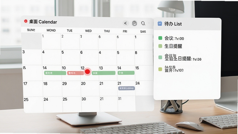 桌面日历秀日程管理面板,日历上某日期标注红色圆点表示有事件,右侧弹出待办列表显示会议与生日提醒,界面简洁易用,背景为办公桌面场景,突出实用性