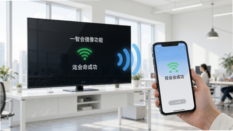智会投屏一键镜像功能展示,画面主体为手持智能手机正在向大屏幕电视发射无线信号,背景为明亮办公室环境,屏幕显示投屏成功界面