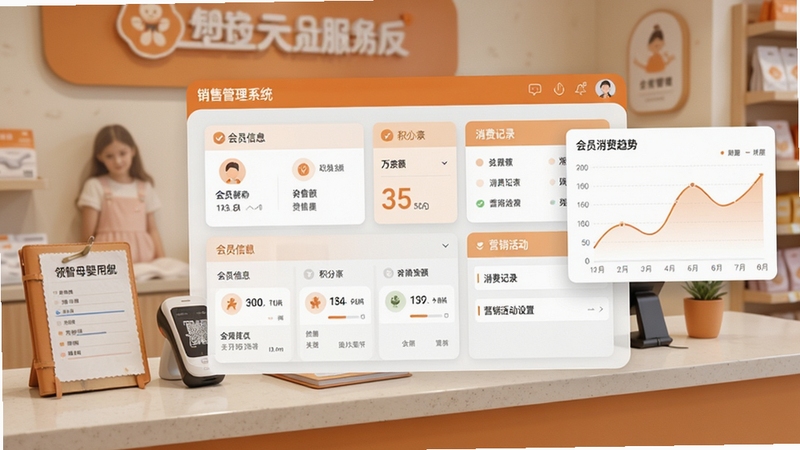 请生成一张领智母婴用品销售管理系统的会员管理模块界面展示图,画面主体位于中央区域,展示会员信息卡片、积分余额、消费记录与营销活动设置面板,背景区域为温馨的母婴门店会员服务台场景,台面上放置着会员登记册与扫码设备,画面右侧悬浮展示会员消费趋势折线图,整体色调以暖橙色与浅灰色搭配,突出数据可视化效果,适配Boogu模型生成。